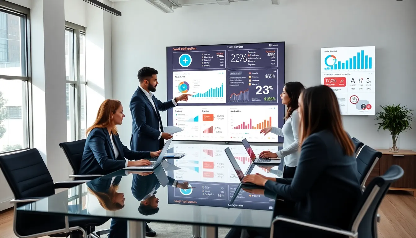 diverse marketing team analyzing social media data in a modern office.