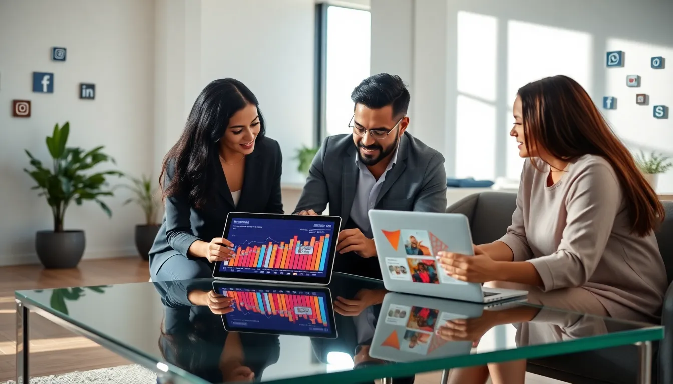 diverse team collaborating on social media strategies in a modern office.