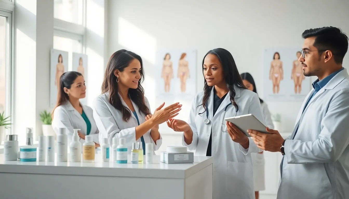 skincare professionals discussing oily skin routines in a modern lab.