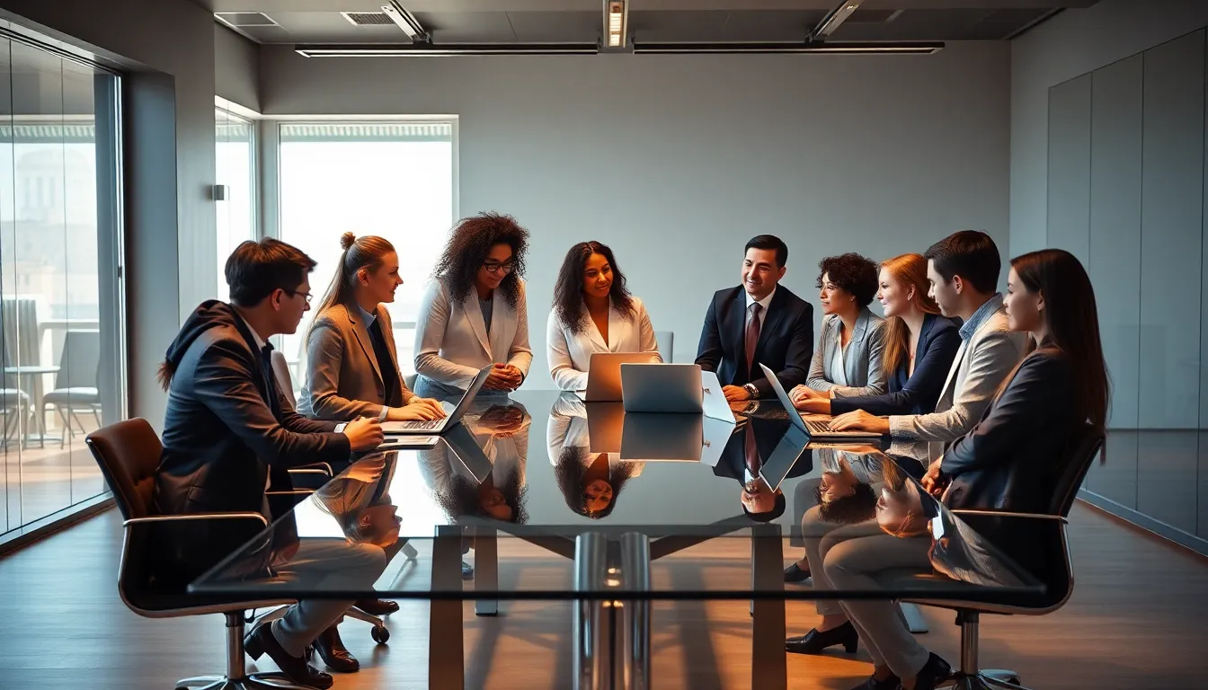 diverse professionals discussing creative ideas in a modern office.
